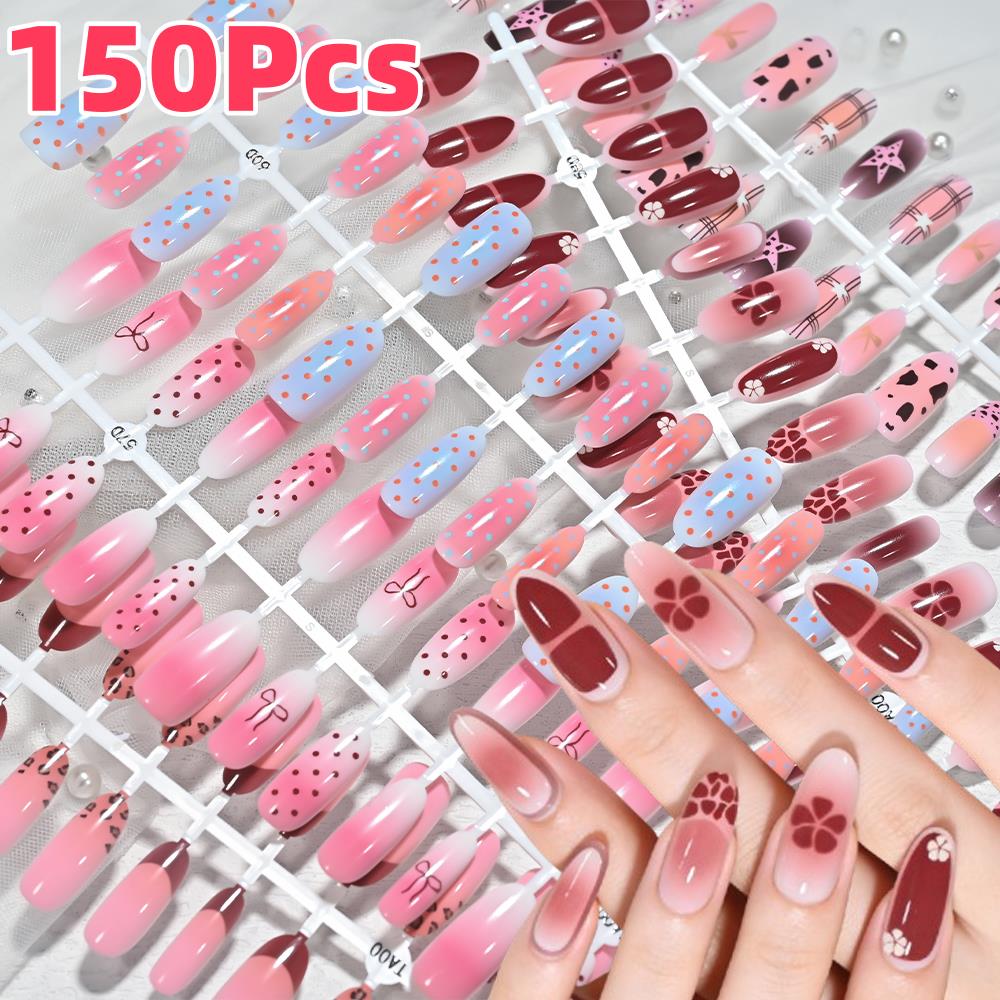 Nail Art Aesthetic - 150Pcs Kuku Palsu Pink Biru Ombre