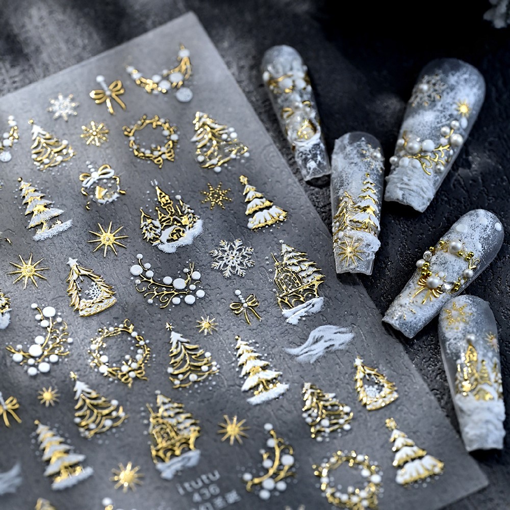 Nail Art Xmas - Stiker Kuku 5D Embossed Motif Kastil/Garland/Pohon