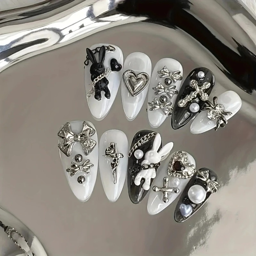10 buah seni kuku hitam putih  - Nail Art Gothic ulasan dan harga