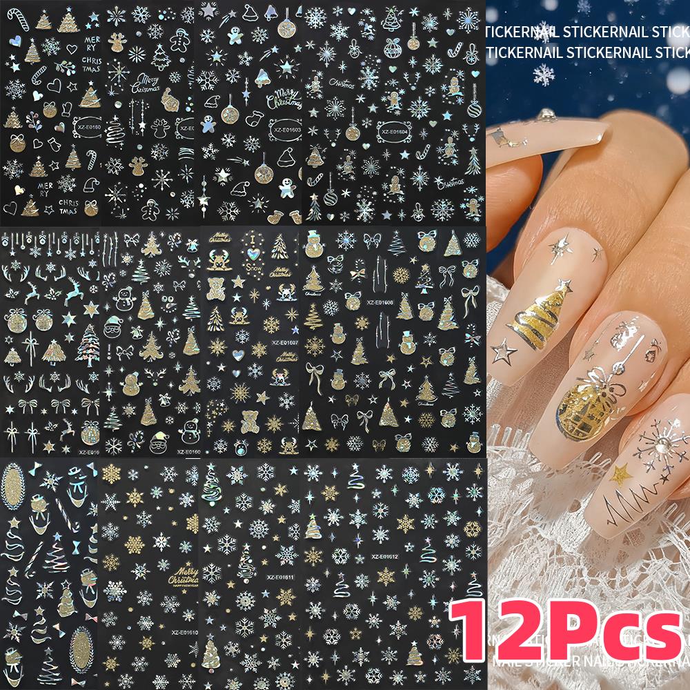 12Pcs Stiker Kuku Natal 3D Las - Nail Art Xmas Design ulasan dan harga