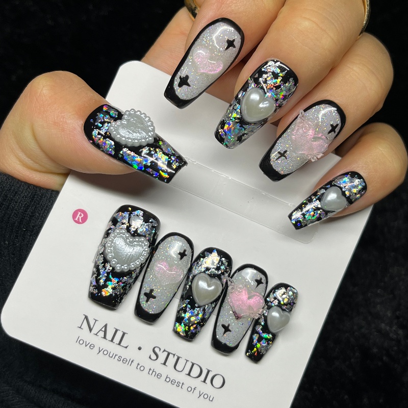 10PCS Kuku Palsu Gothic Hitam  - Nail Art Gothic ulasan dan harga