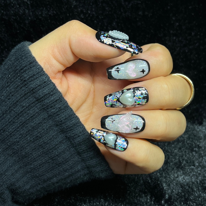 10PCS Kuku Palsu Gothic Hitam  - Nail Art Gothic ulasan dan harga
